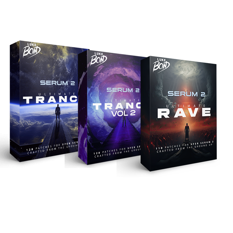Three boxes of Luke Bond's Serum 2 Ultimate Tranc and Rave music production software on a white background