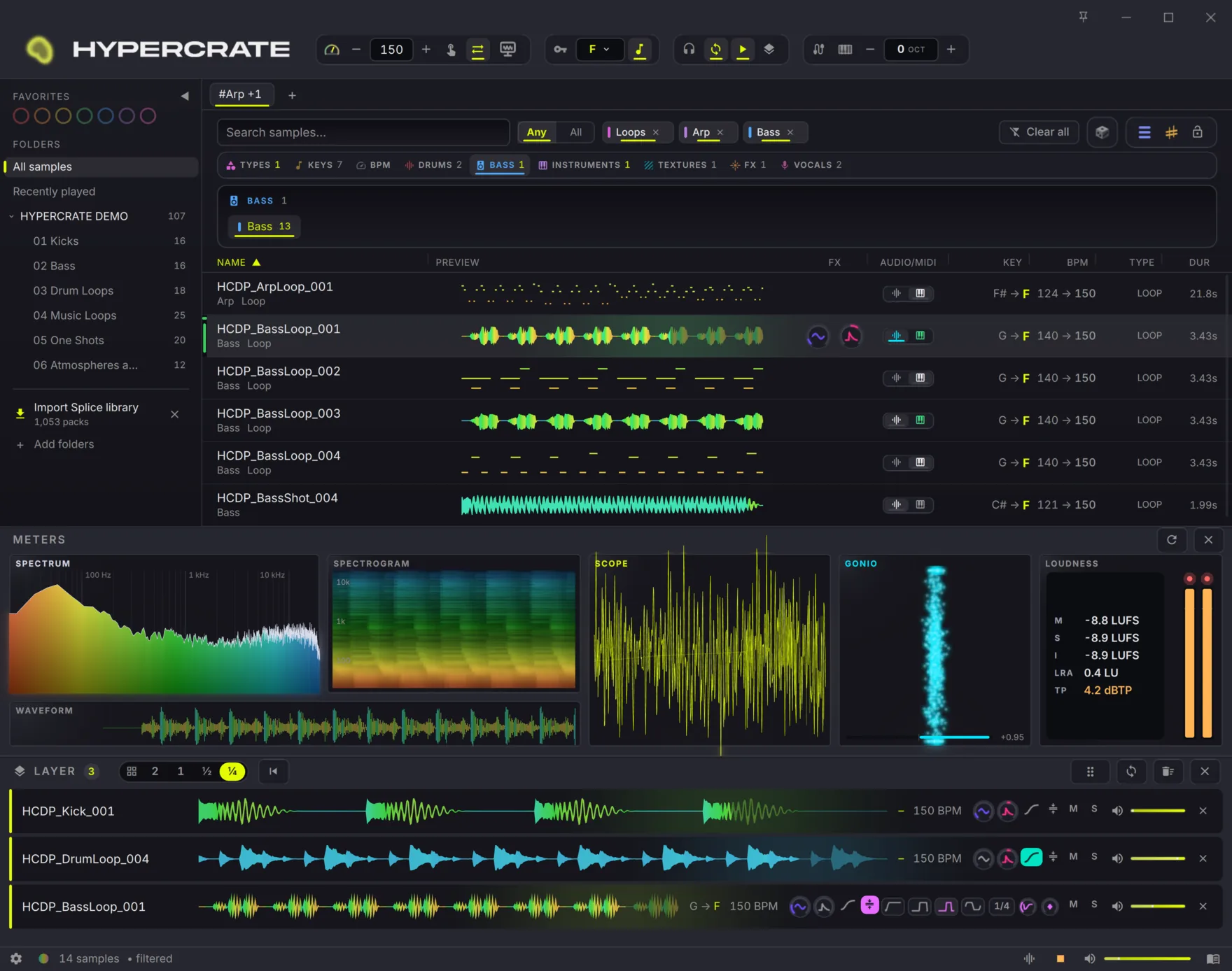 The full HYPERCRATE app: sample browser, Layer Deck stack and real-time meters