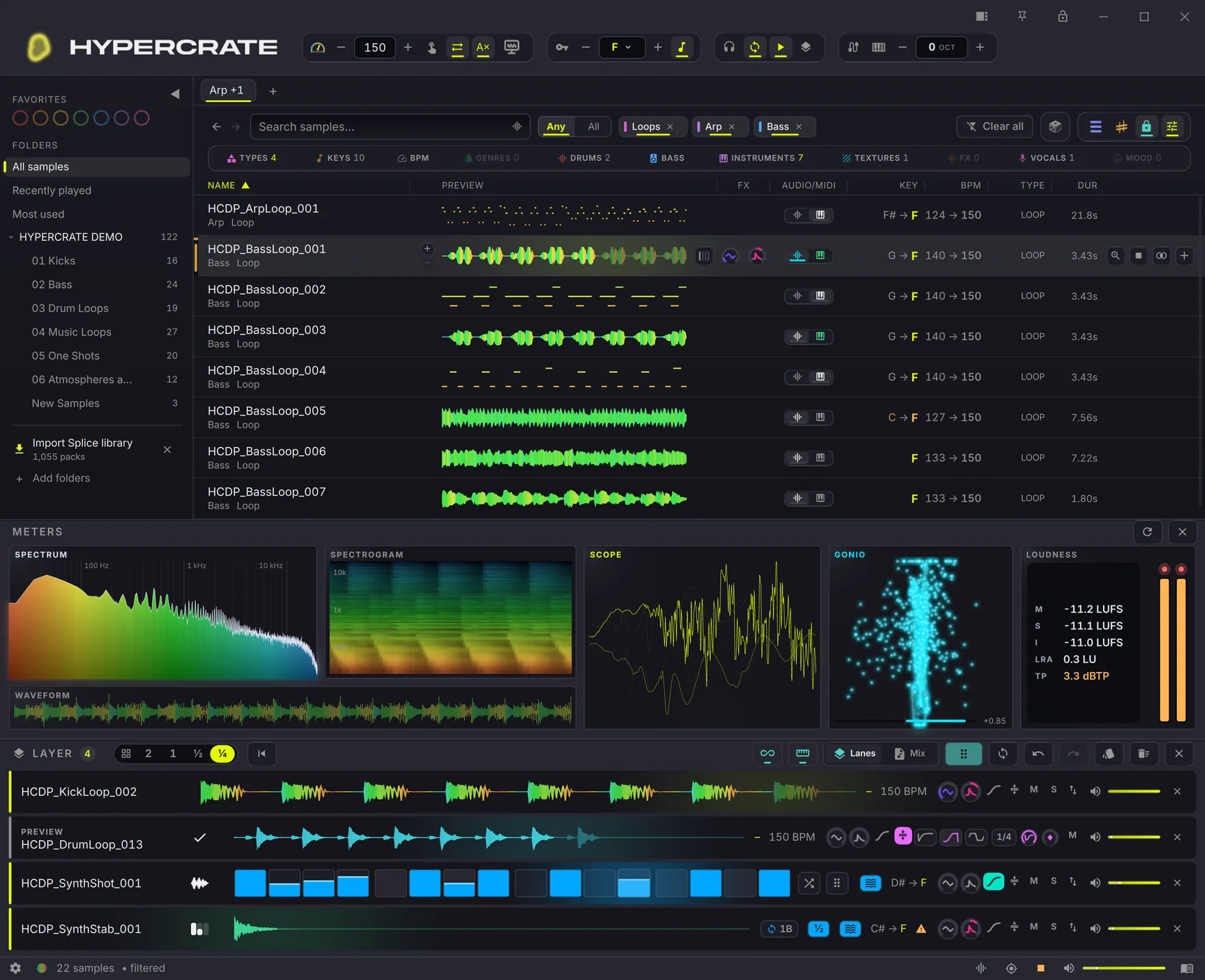 The full HYPERCRATE app: sample browser, Layer Deck stack and real-time meters