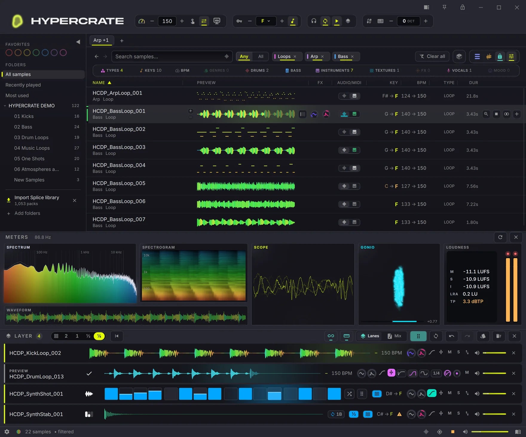 The full HYPERCRATE app: sample browser, Layer Deck stack and real-time meters