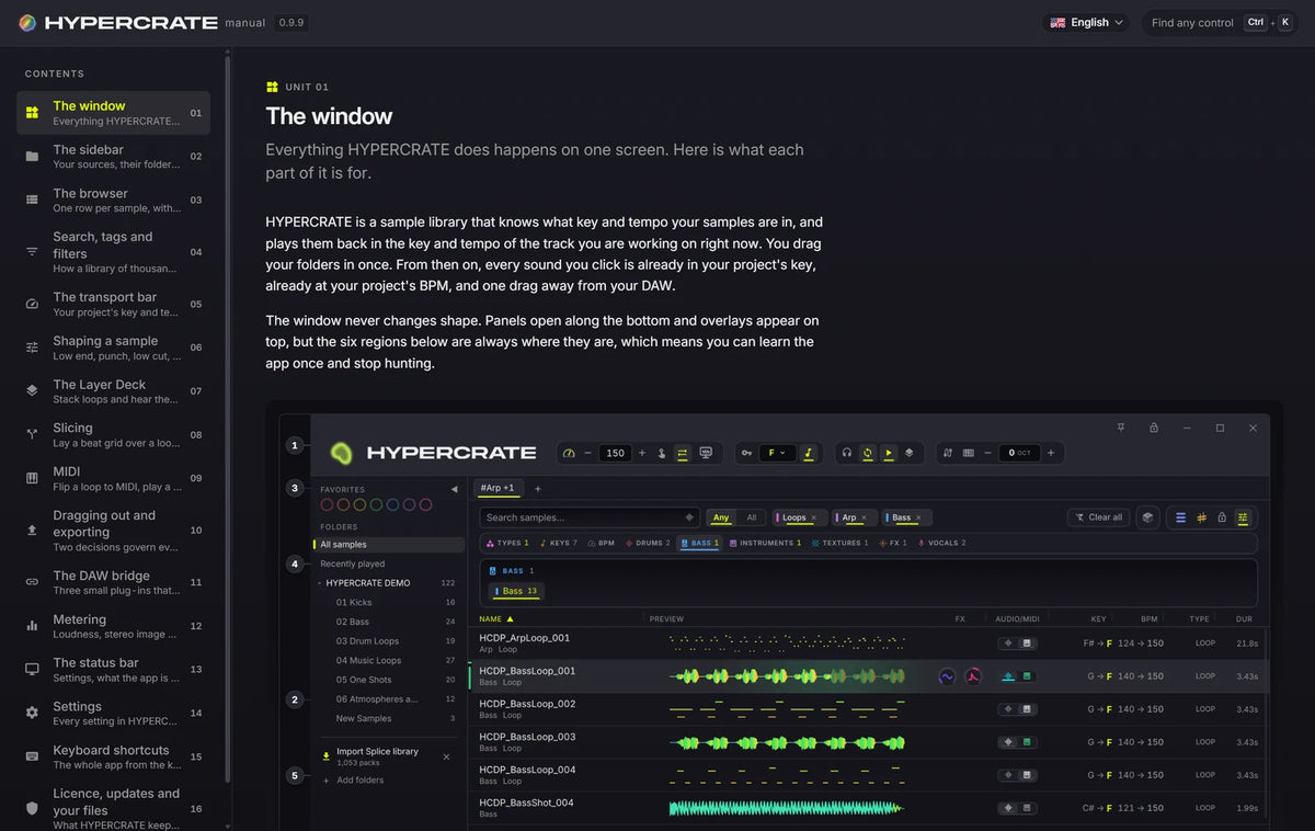 The HYPERCRATE manual open in a browser, showing its numbered contents list, a keyboard shortcut to find any control, and an annotated diagram of the app window