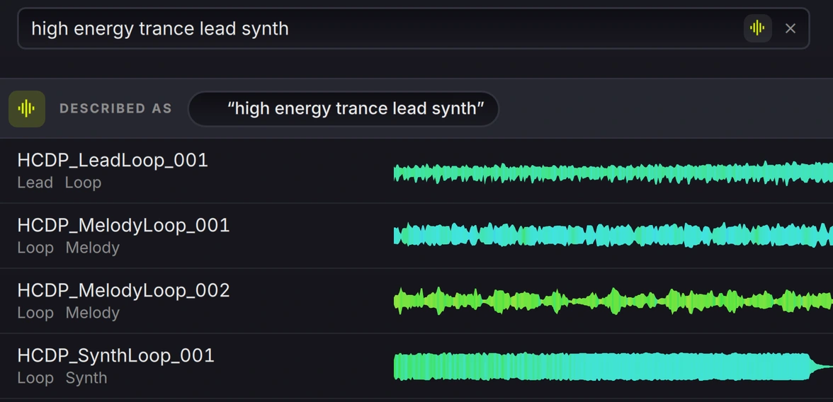 A described search for high energy trance lead synth, with the matching lead, melody and synth loops listed under it
