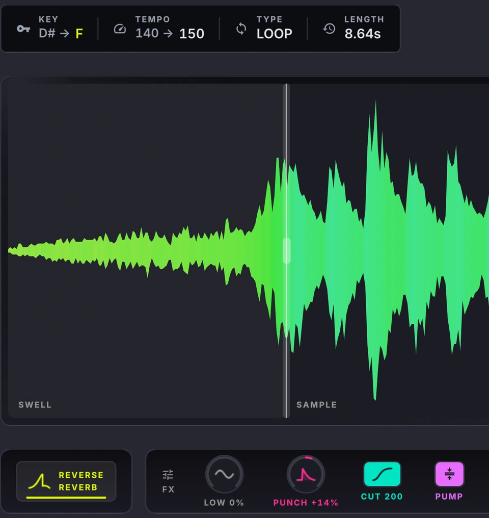 The HYPERCRATE inspect view: a loop's key, tempo and length above its waveform, with a reverse reverb swell drawn in front of the sample