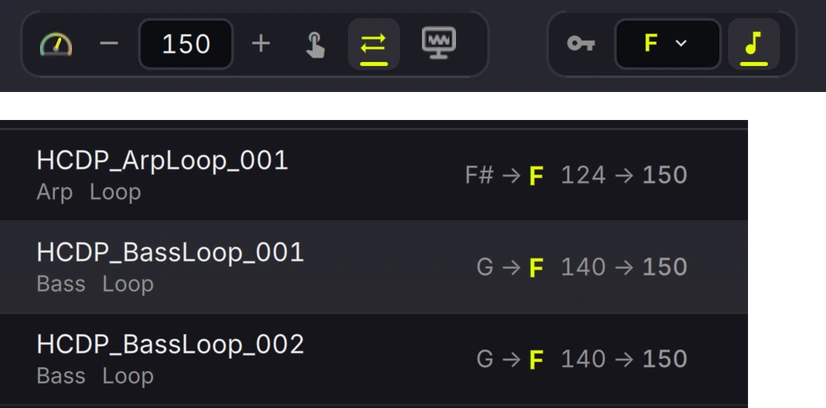The project tempo set to 150 and the root key set to F at the top of the window, with three library rows below converting into F and 150