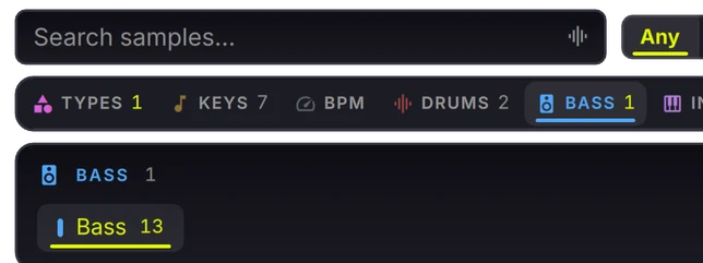 The HYPERCRATE search box above its tag category rail, with the Bass category open in a shelf