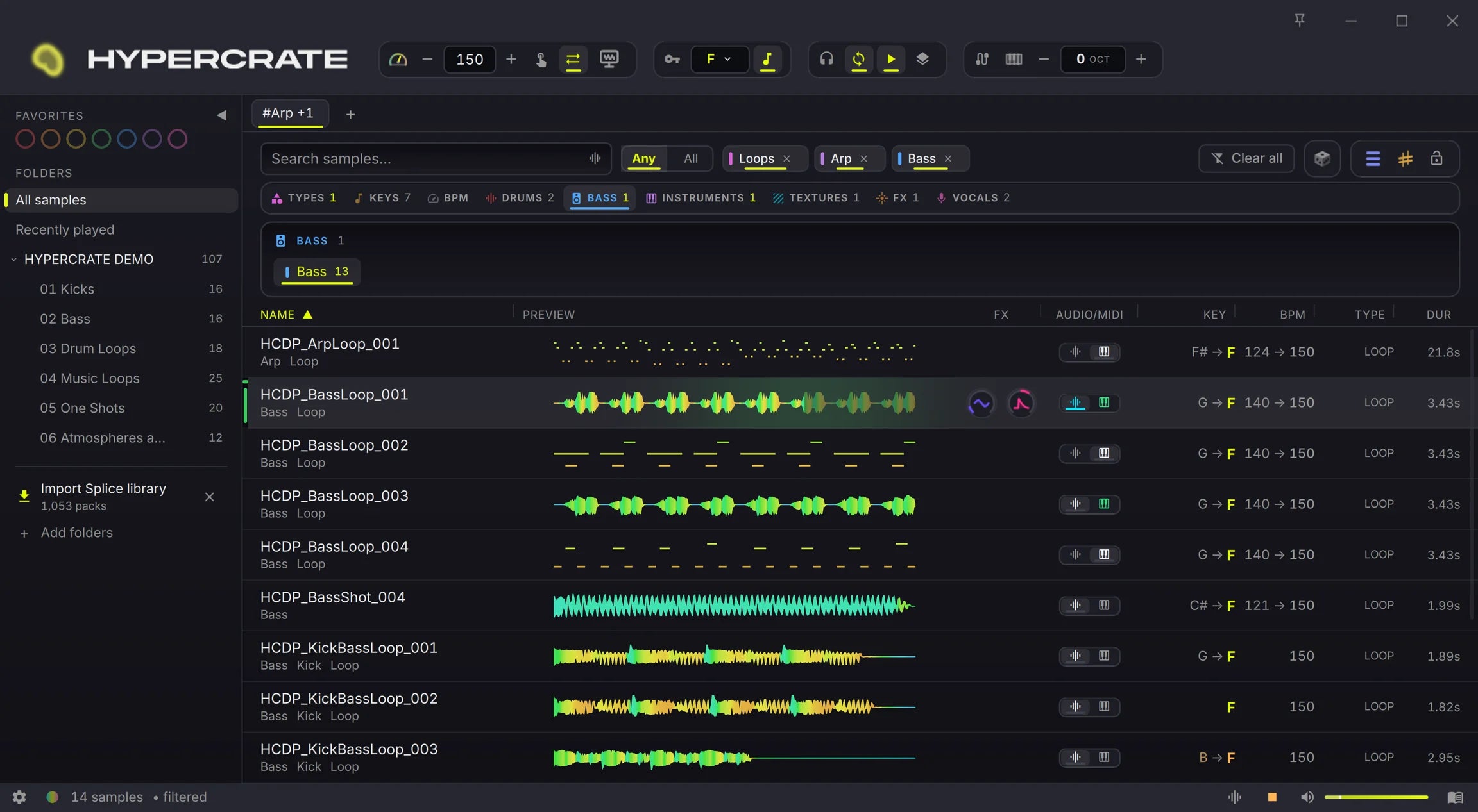 The HYPERCRATE window: a folder tree on the left, a search box and tag filters above a list of samples with waveforms, and detected key, tempo and type in columns on the right, under a transport bar carrying the session key and tempo