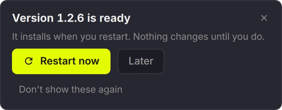 The HYPERCRATE update notice: version 1.0.1 is ready, it installs when you restart, with Restart now and Later buttons